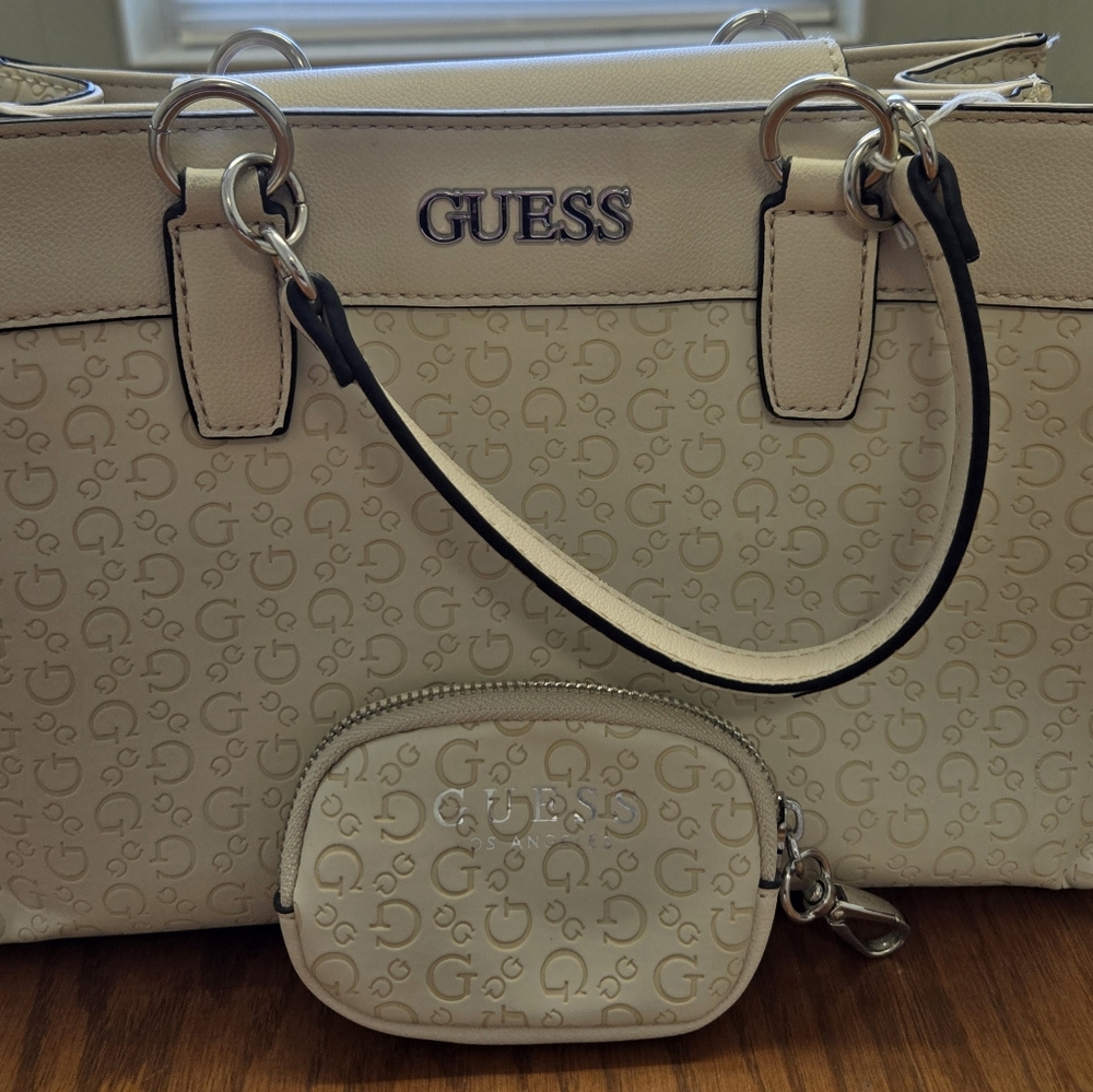 Guess Cream Satchel And Coin Purse with Silver Hardware And Bag Strap